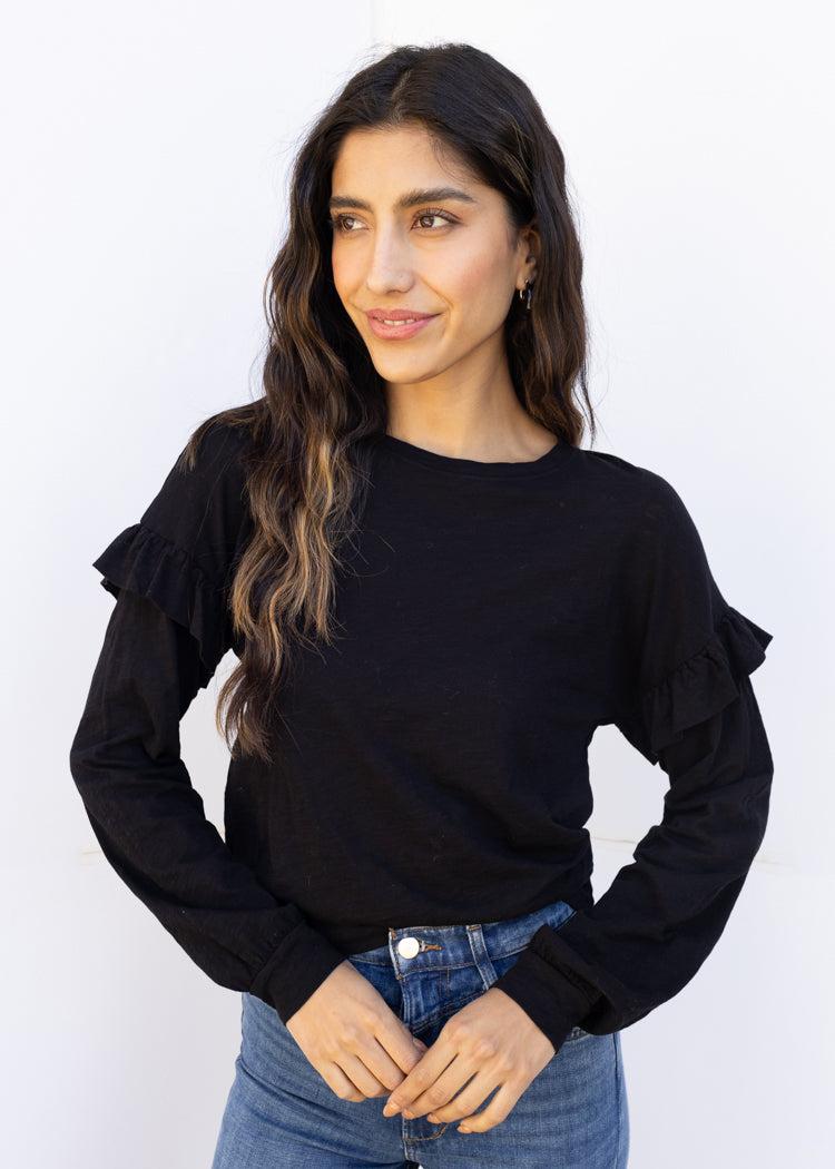 Bobi Ruffle Sleeved Crew Neck Top - Black-Hand In Pocket