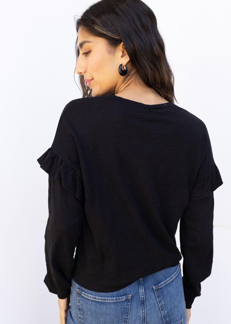 Bobi Ruffle Sleeved Crew Neck Top - Black-Hand In Pocket