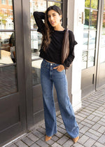 Bobi Ruffle Sleeved Crew Neck Top - Black-Hand In Pocket