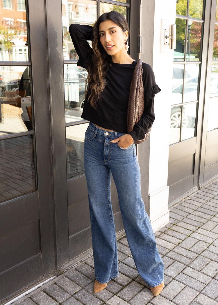 Bobi Ruffle Sleeved Crew Neck Top - Black-Hand In Pocket