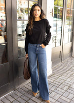Bobi Ruffle Sleeved Crew Neck Top - Black-Hand In Pocket