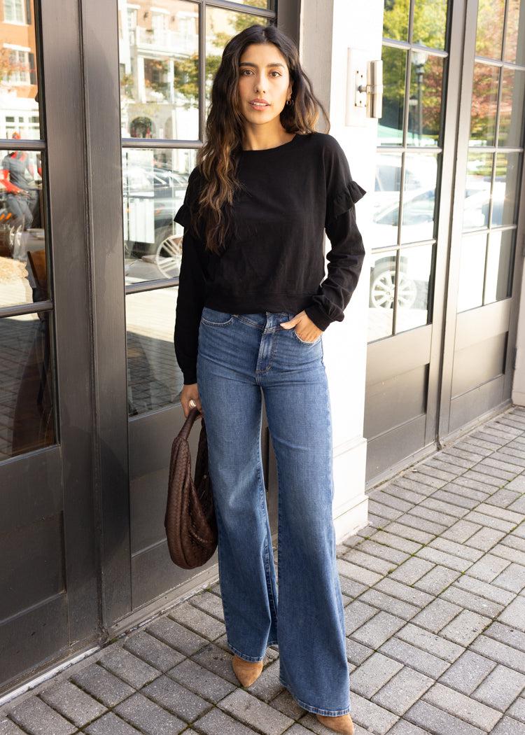 Bobi Ruffle Sleeved Crew Neck Top - Black-Hand In Pocket