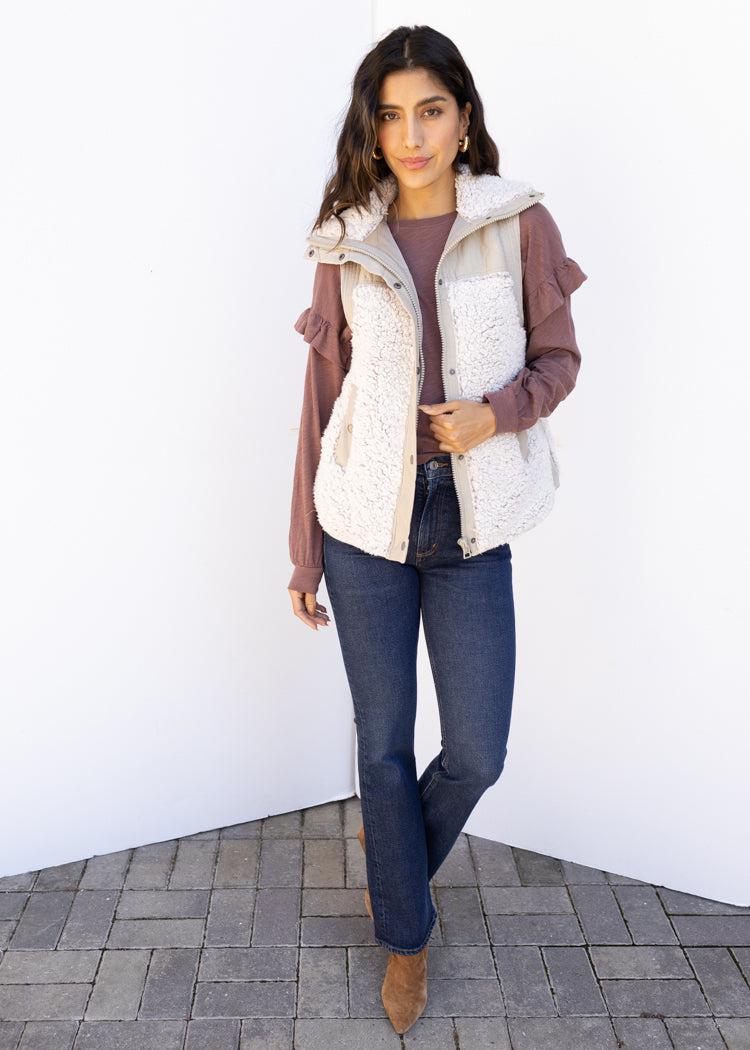 Bobi Ruffle Sleeved Crew Neck Top - Chicory-Hand In Pocket