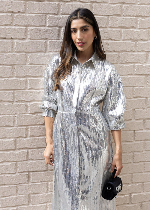 Brooke Sequin Fringe Shirtdress - Silver-Hand In Pocket