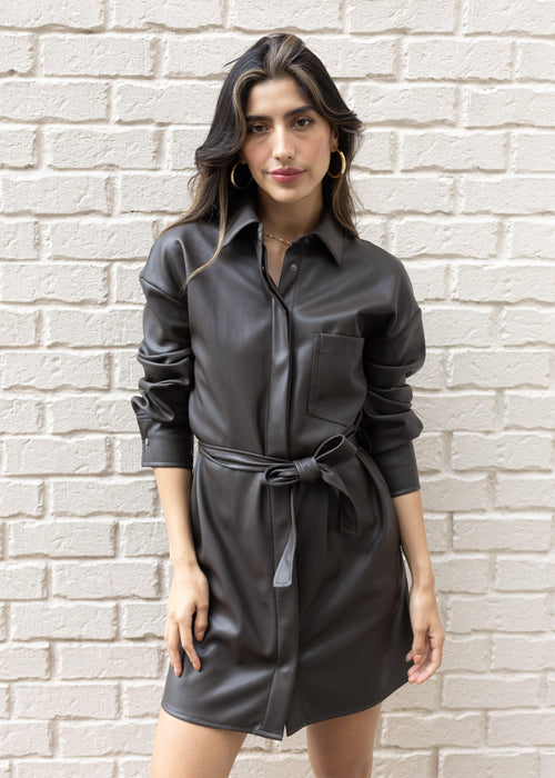 Sharl Shirt Dress with Self Tie - Bark-Hand In Pocket
