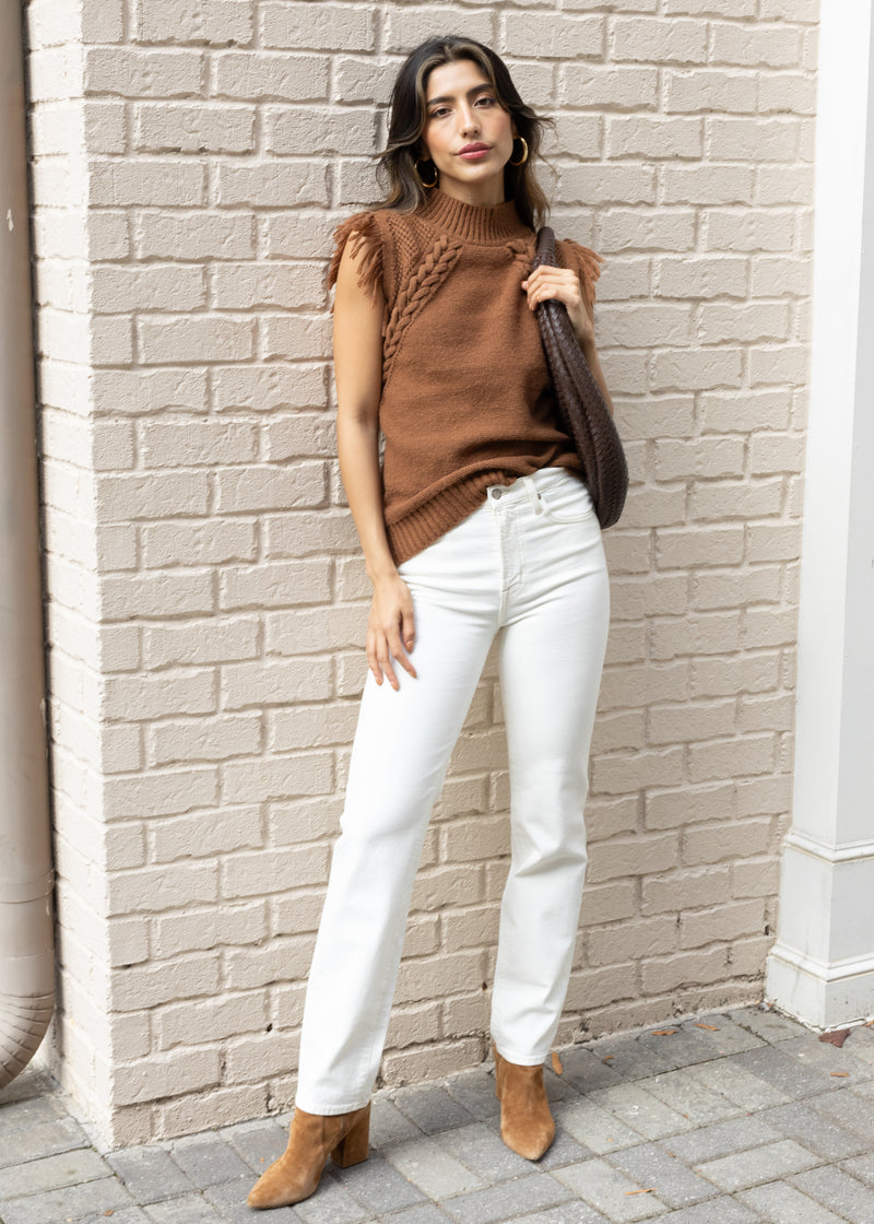 London Fringed Pullover-Taupe-Hand In Pocket