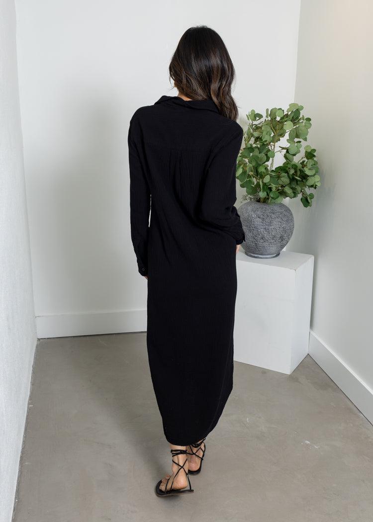 Bobi Button Front Maxi Shirt Dress- Black ***FINAL SALE*** Hand In Pocket Bobi Button Front Maxi Shirt Dress- Black ***FINAL SALE*** Hand In Pocket