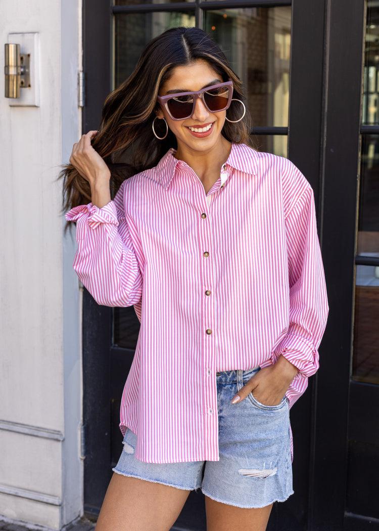Elan Jenna L/S Button Down Shirt - Pink Stripe-Hand In Pocket