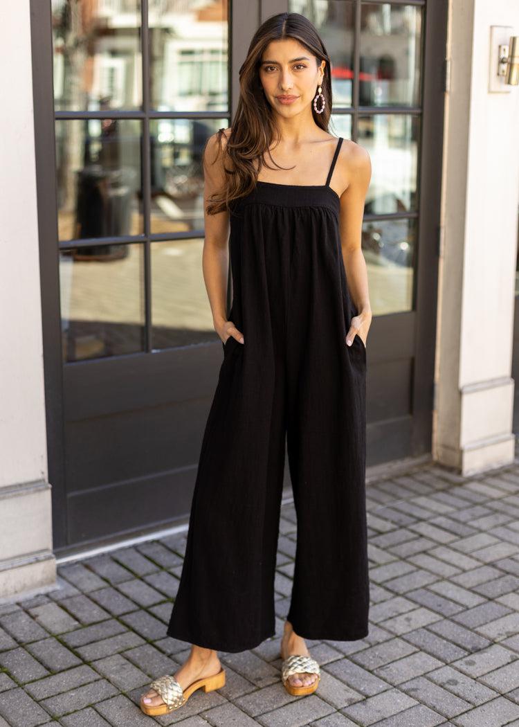 Bobi Square Neck Cami Wide Leg Jumpsuit -Black-Hand In Pocket