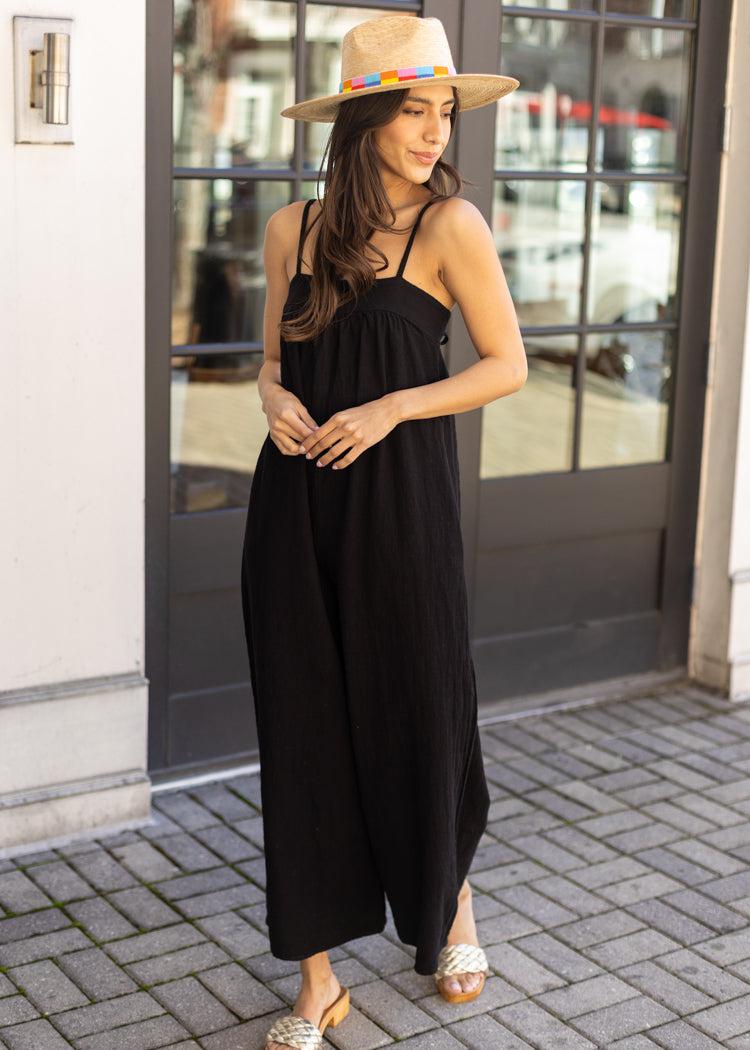 Bobi Square Neck Cami Wide Leg Jumpsuit -Black-Hand In Pocket