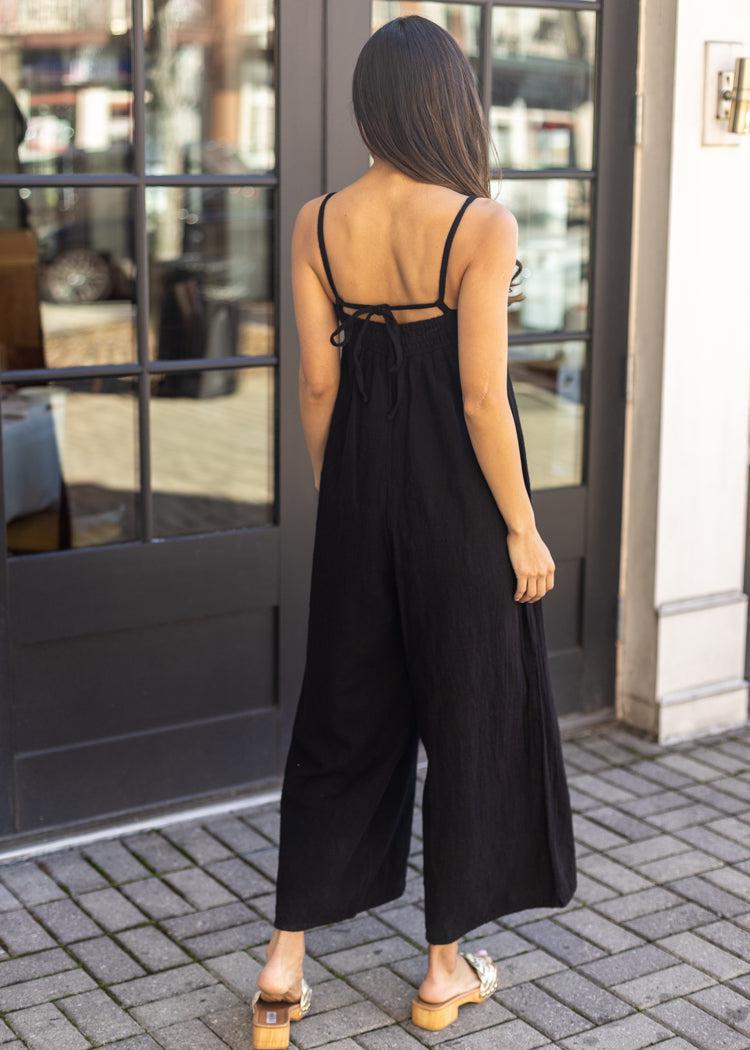 Bobi Square Neck Cami Wide Leg Jumpsuit -Black-Hand In Pocket