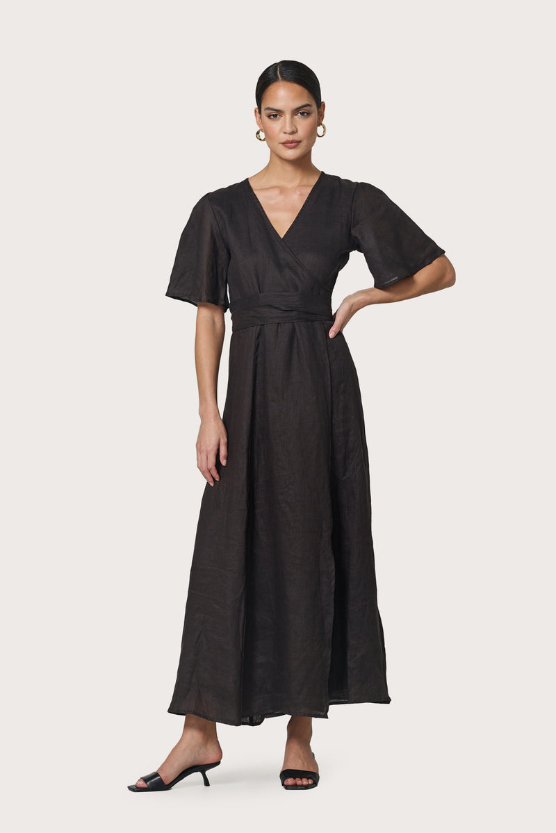 Lusana Mae Wrap Dress- Coffee-Hand In Pocket