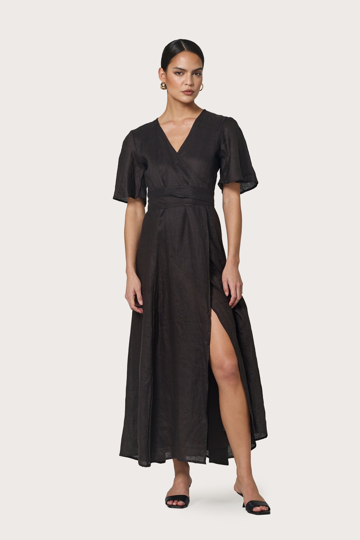 Lusana Mae Wrap Dress- Coffee-Hand In Pocket