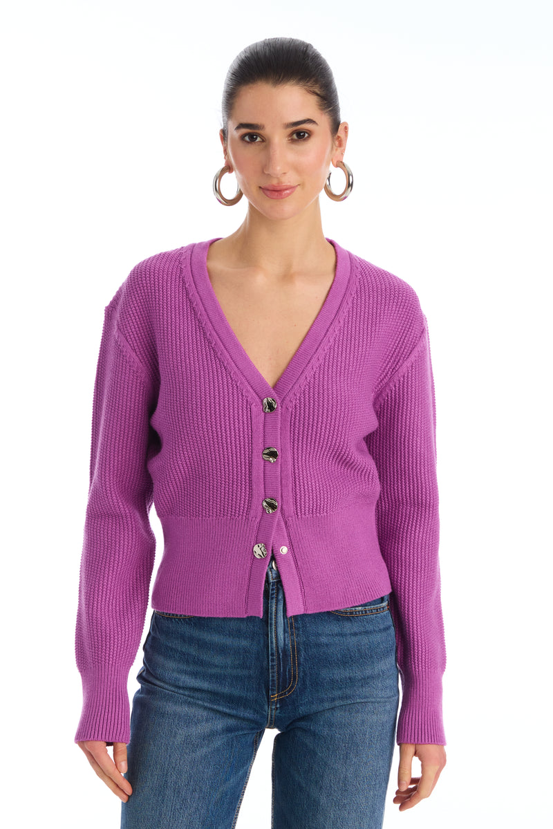 Allison Fallon Cardigan-Orchid-Hand In Pocket