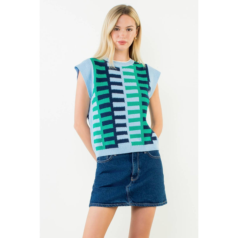 Short Sleeve Colorblock Knit Top: LIGHT BLUE / XS-S-M-L(1-2-2-1)-Hand In Pocket