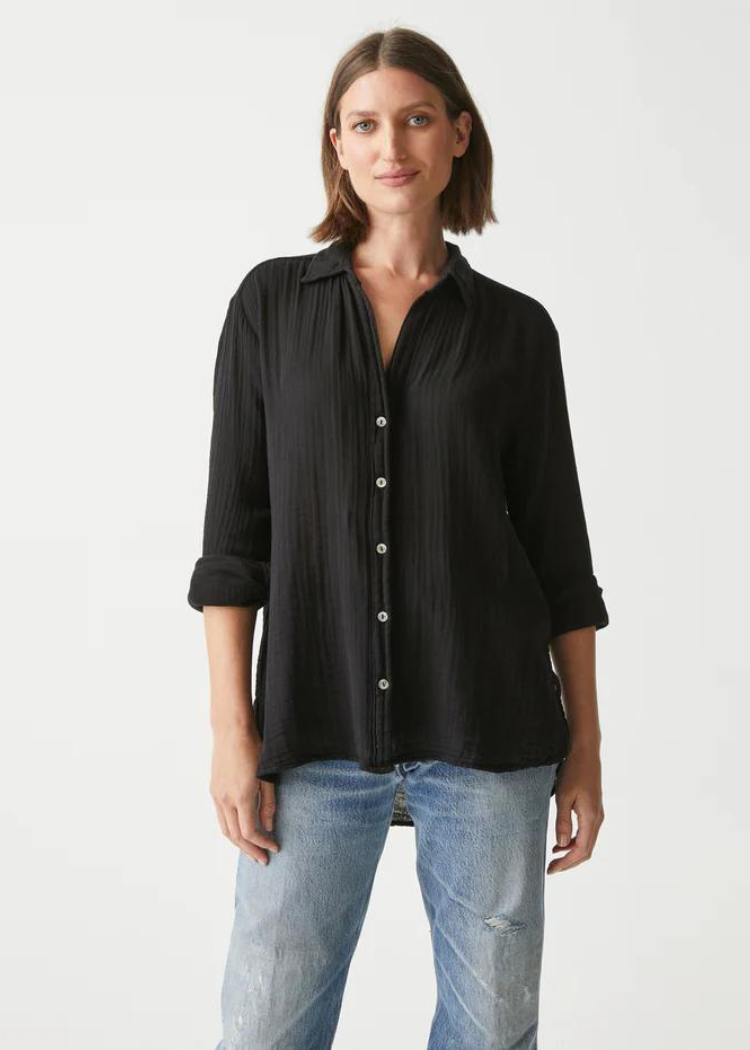 Michael Stars Leo Button Down Gauze Shirt- Black-Hand In Pocket