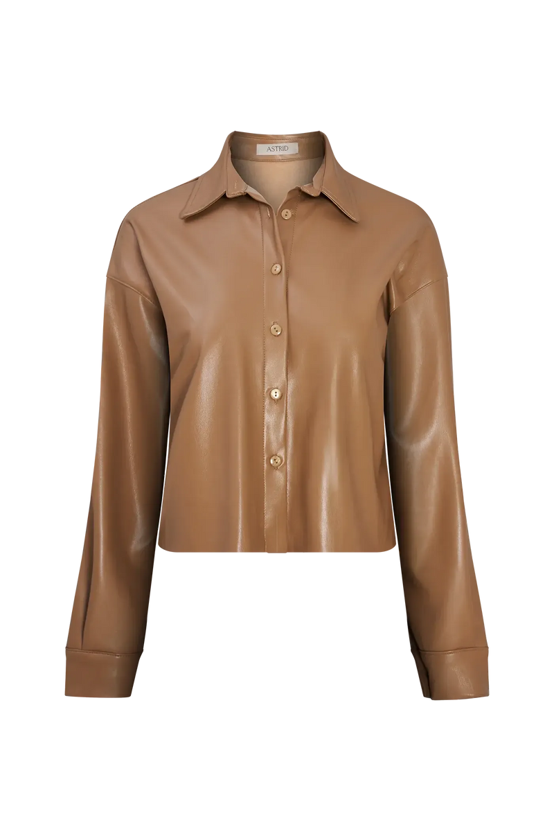Astrid Nora Vegan Leather Jacket- Camel-Hand In Pocket