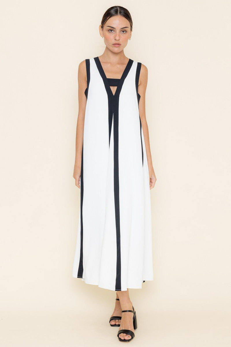 Color Block Maxi Dress- White/ Black-Hand In Pocket