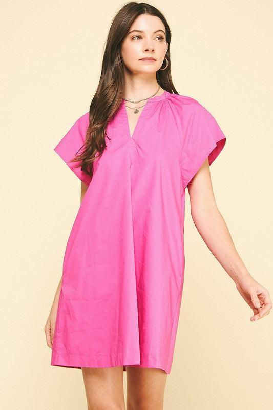 Saydee V Neck Mini Dress- Indian Pink-Hand In Pocket
