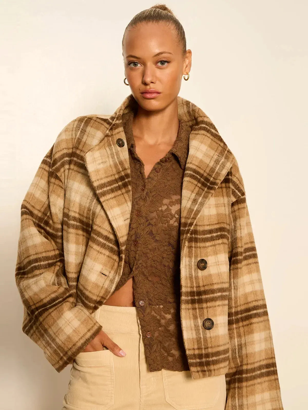 Sanctuary Avery Asymmetrical Jacket - Dark Bone Plaid-Hand In Pocket