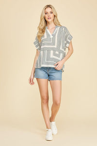 Palmer V-Neck Top - White/Green-Hand In Pocket