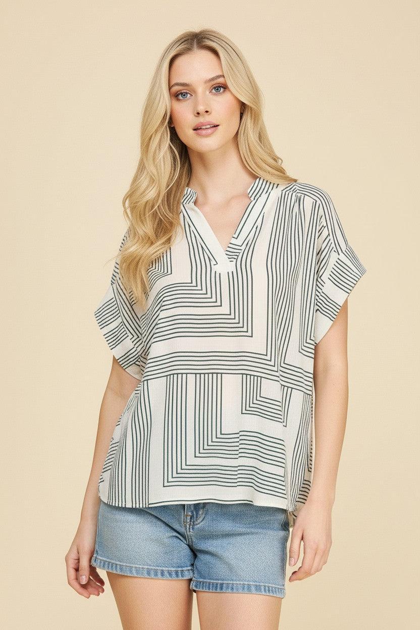 Palmer V-Neck Top - White/Green-Hand In Pocket