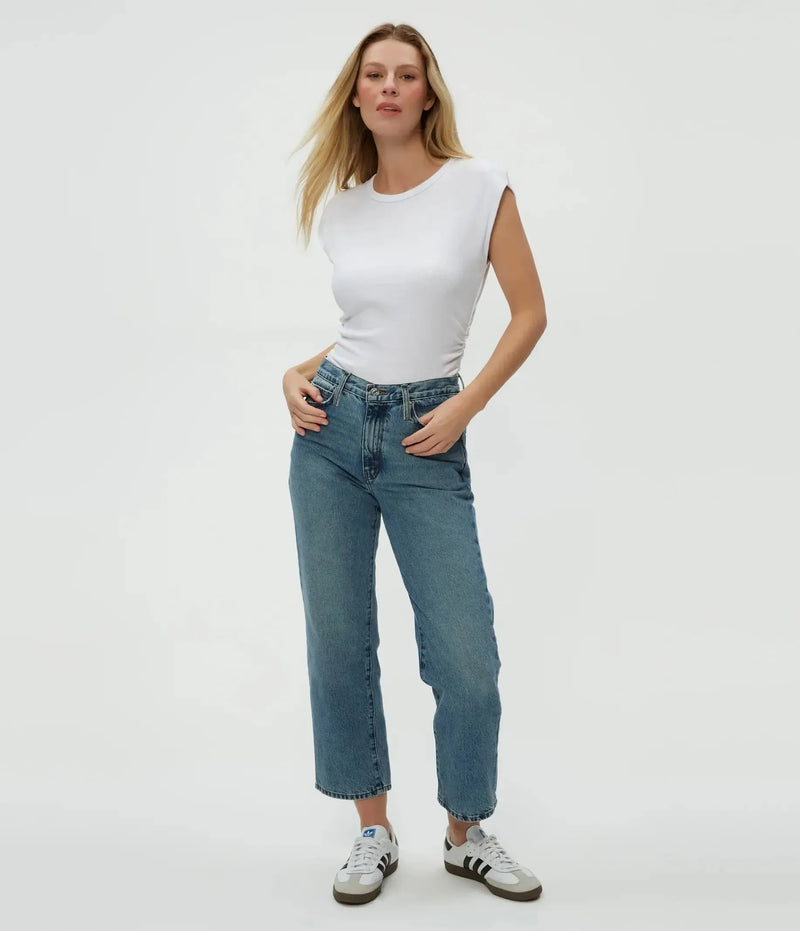 Michael Stars Joni Crew Neck Power Shoulder Top - White-Hand In Pocket