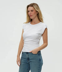 Michael Stars Joni Crew Neck Power Shoulder Top - White-Hand In Pocket
