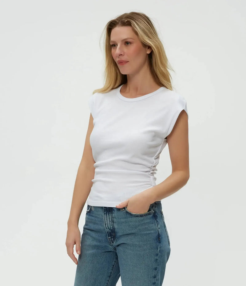 Michael Stars Joni Crew Neck Power Shoulder Top - White-Hand In Pocket