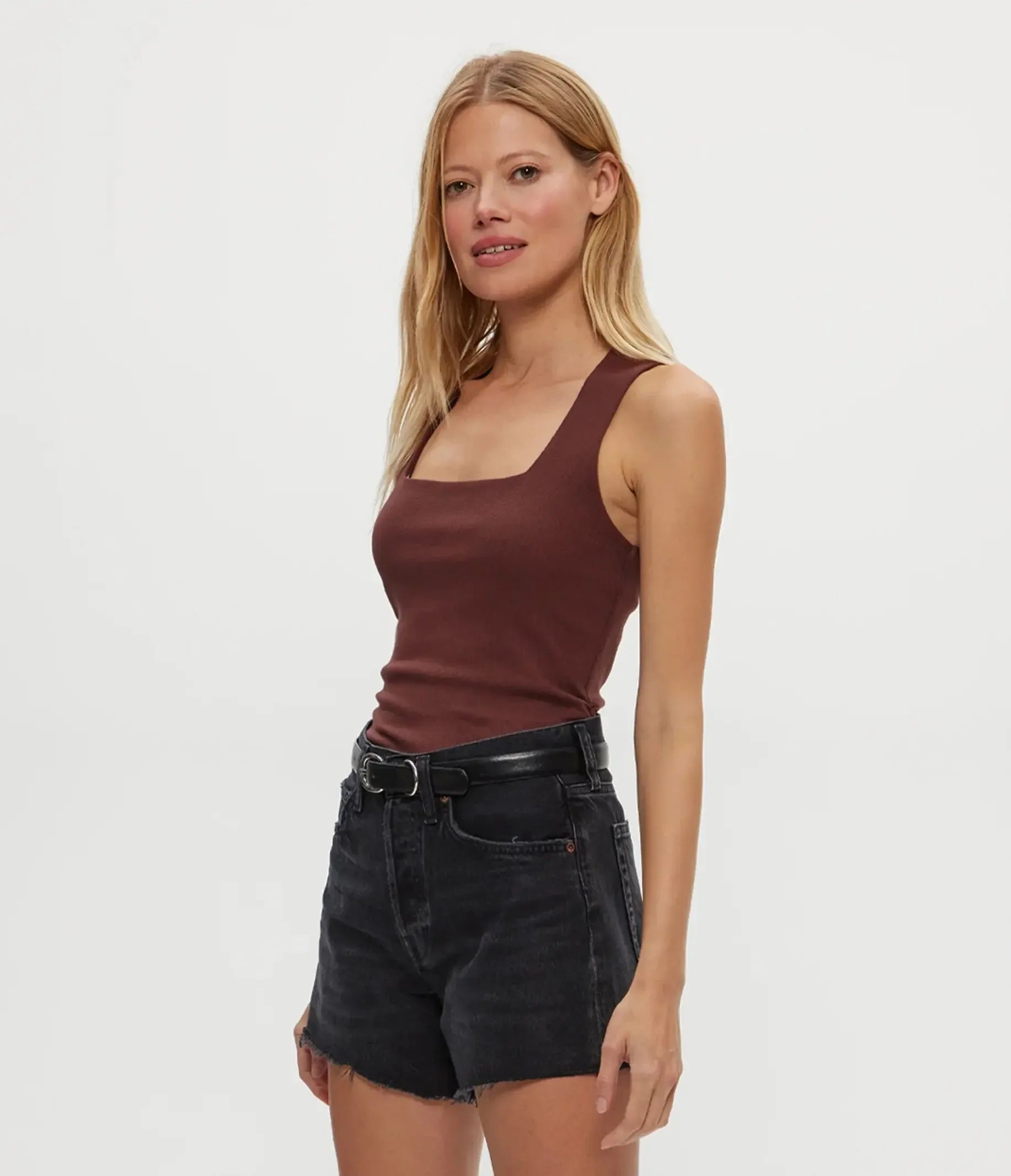 Michael Stars Maribel Square Neck Tank - Espresso-Hand In Pocket