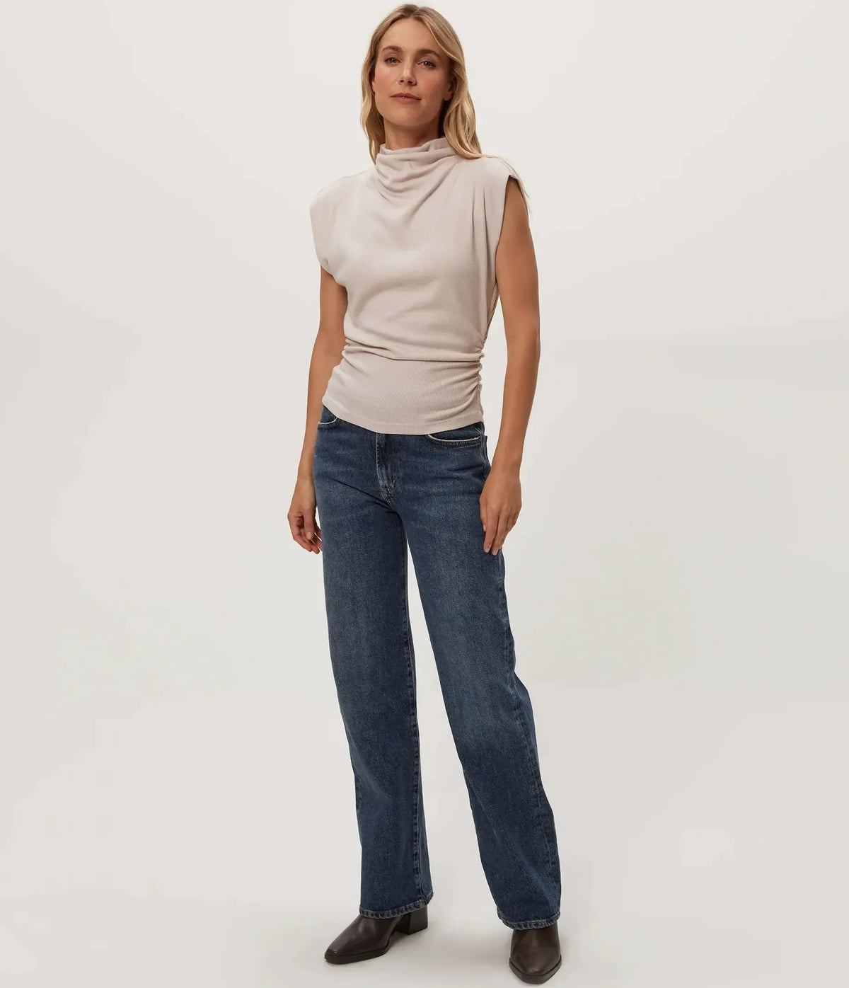 Michael Stars Amara Mock Neck Top- Cement-Hand In Pocket