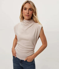 Michael Stars Amara Mock Neck Top- Cement-Hand In Pocket