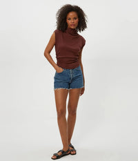 Michael Stars Amara Mock Neck Top- Espresso-Hand In Pocket
