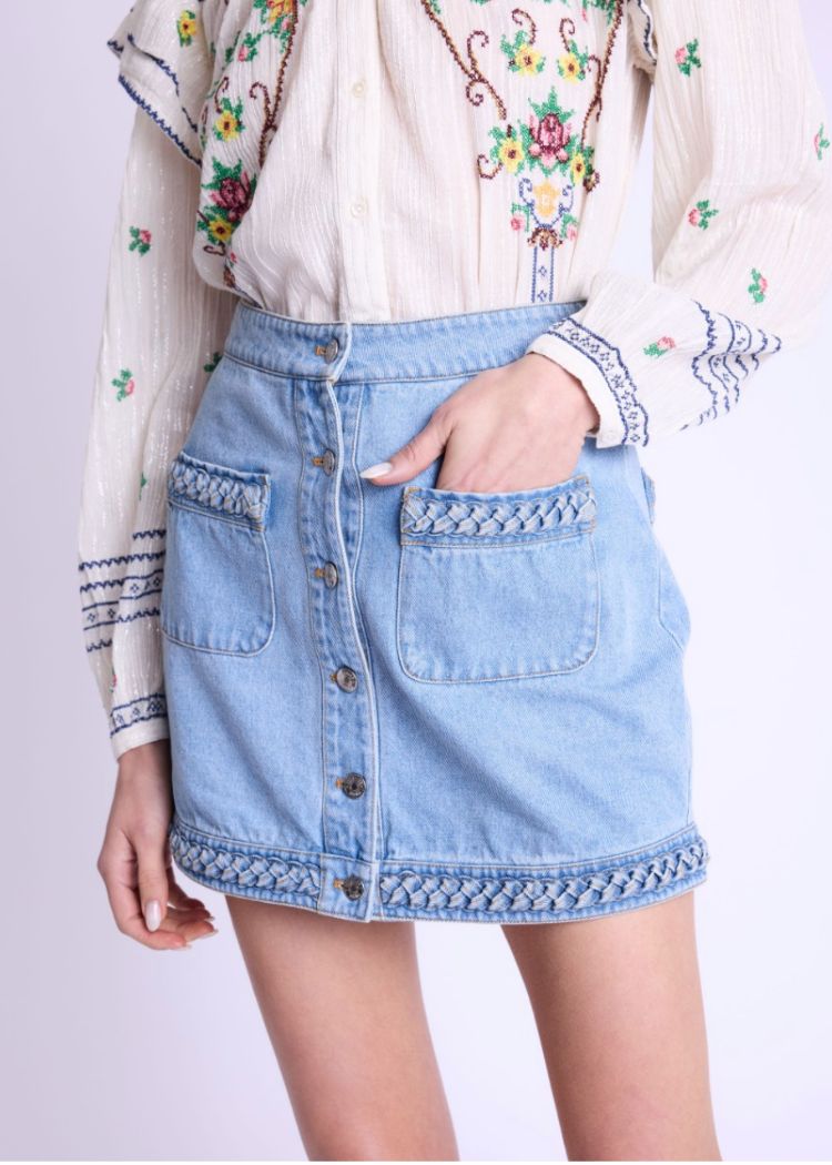 Berenice Janice Short denim skirt with woven pockets-Hand In Pocket