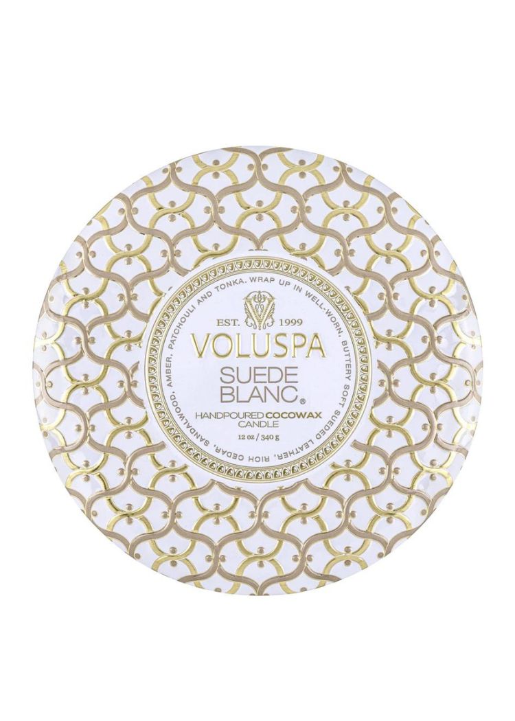 Voluspa 3 Wick Tin Candle- Suede Blanc-Hand In Pocket