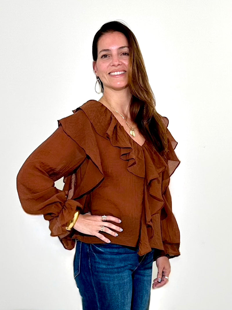 THML Gabriela Flutter Sleeved Blouse- Brown-Hand In Pocket
