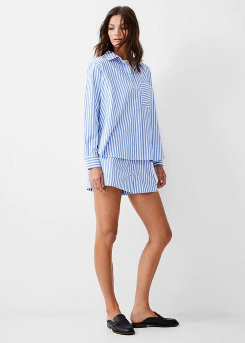 French Connection Thick Stripe Relaxed Popover Shirt-Blue Linen White-Hand In Pocket