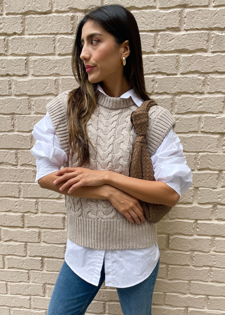 Jesabelle Cable Vest - Sanded Stone Melange-Hand In Pocket