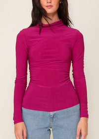 High Neck Knit Top with Side Ruched Detail- Magenta ***FINAL SALE*** |EXTRA 30% OFF|-Hand In Pocket