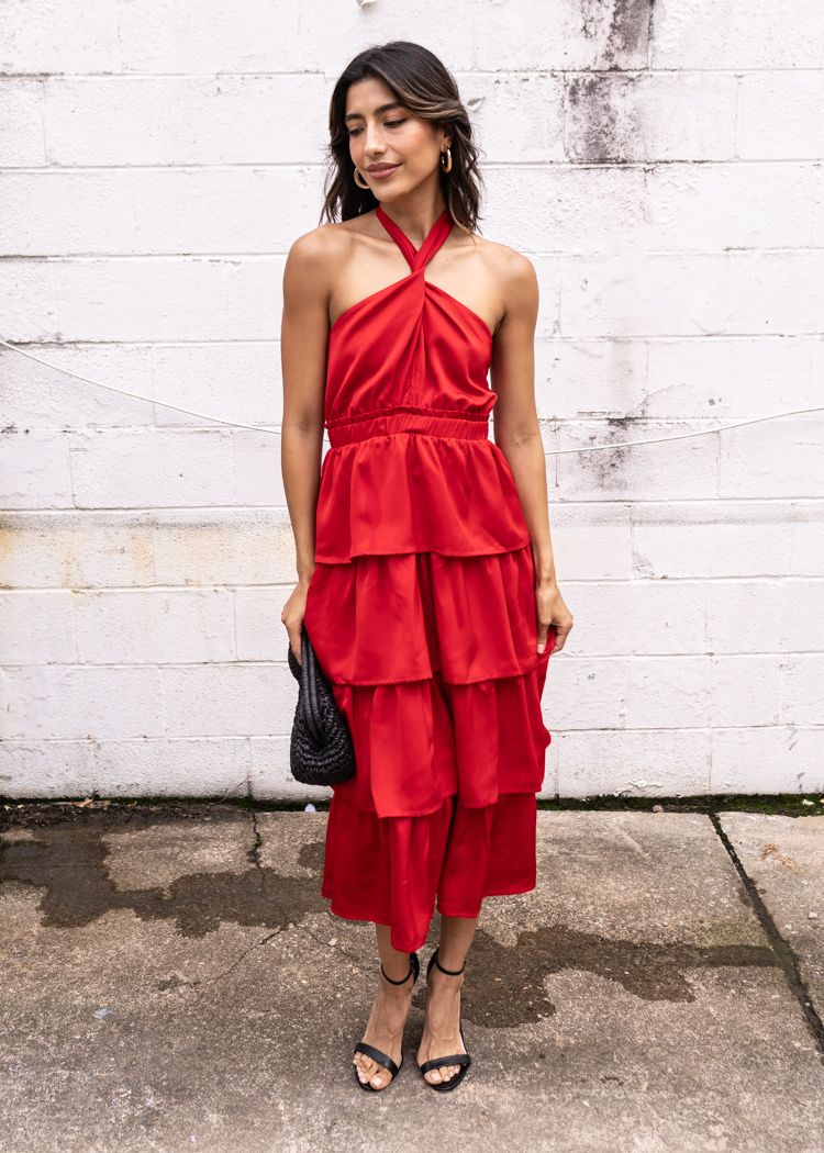 fitted lace wedding dress Adelyn Rae Eleanor Halter Tiered Midi Dress- Crimson Red ***FINAL SALE –  Hand In Pocket