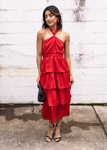 Adelyn Rae Eleanor Halter Tiered Midi Dress- Crimson Red ***FINAL SALE –  Hand In Pocket