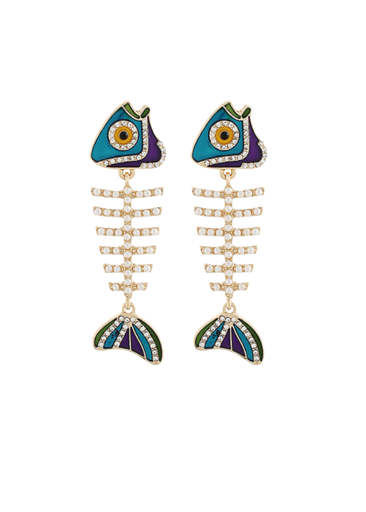 Neusa Fish Bone Dangle Earrings - Teal/Gold-Hand In Pocket