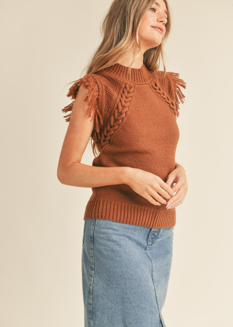 London Fringed Pullover-Taupe-Hand In Pocket