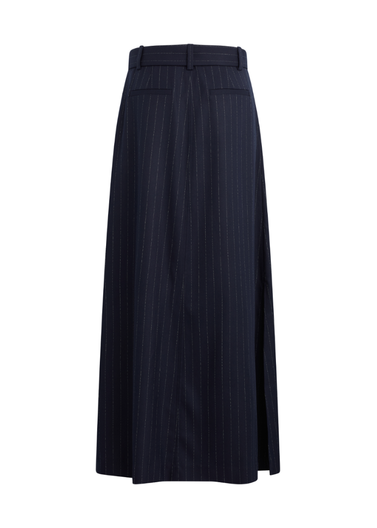 Favorite Daughter The Gabby Skirt- Navy Pinstripe-Hand In Pocket
