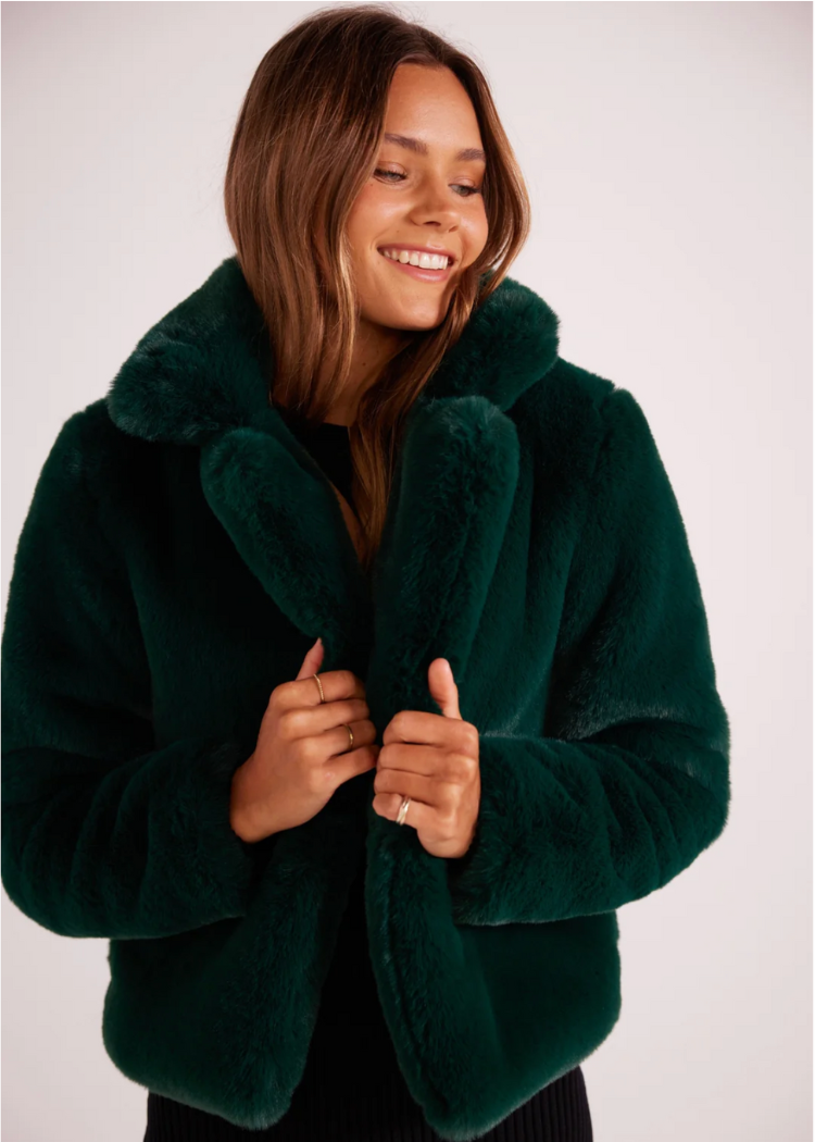 MINKPINK Raquel Fur Jacket - Dark Green-Hand In Pocket