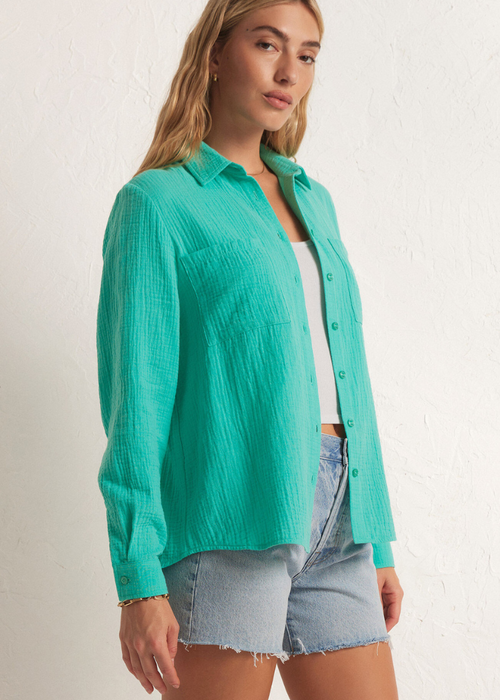 Z Supply Kaili Button Up Gauze Top-Hand In Pocket