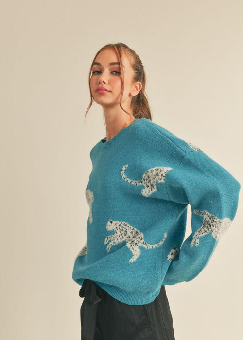 Amari Leopard Knit Sweater- Teal ***FINAL SALE***-Hand In Pocket