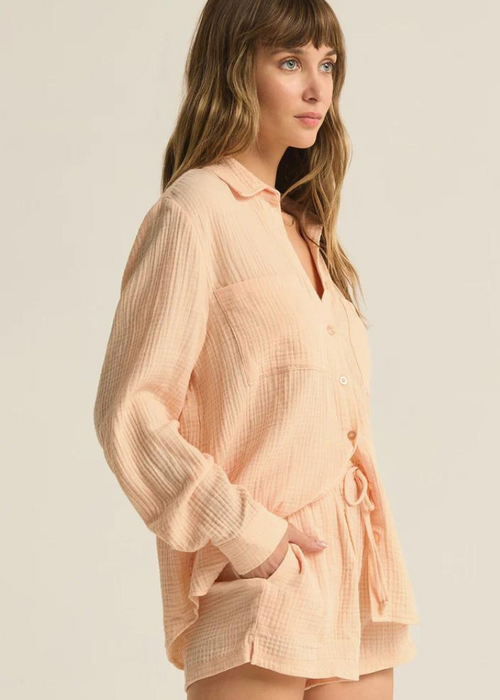 Z Supply Kaili Button Up Gauze Top- Grapefruit-Hand In Pocket