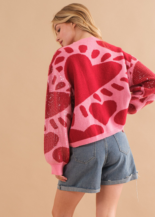 Sequin Heart Pullover Sweater-Hand In Pocket