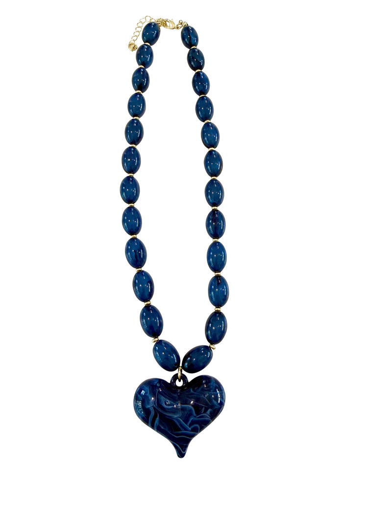 Roxie Navy Beaded Necklace with Heart Charm-Hand In Pocket